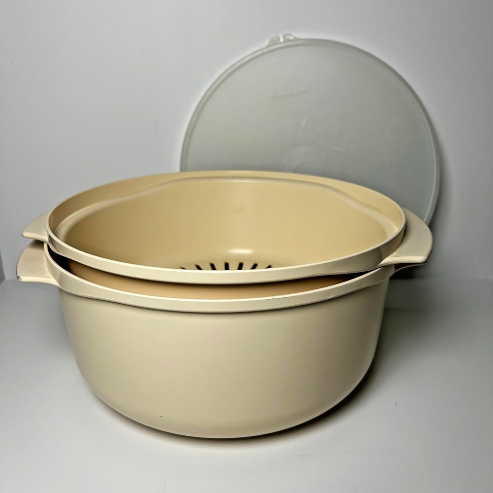 Vtg Tupperware 3 Pcs Microwave Almond Stack Cooker Steamer Colander Set W/ Lid‎